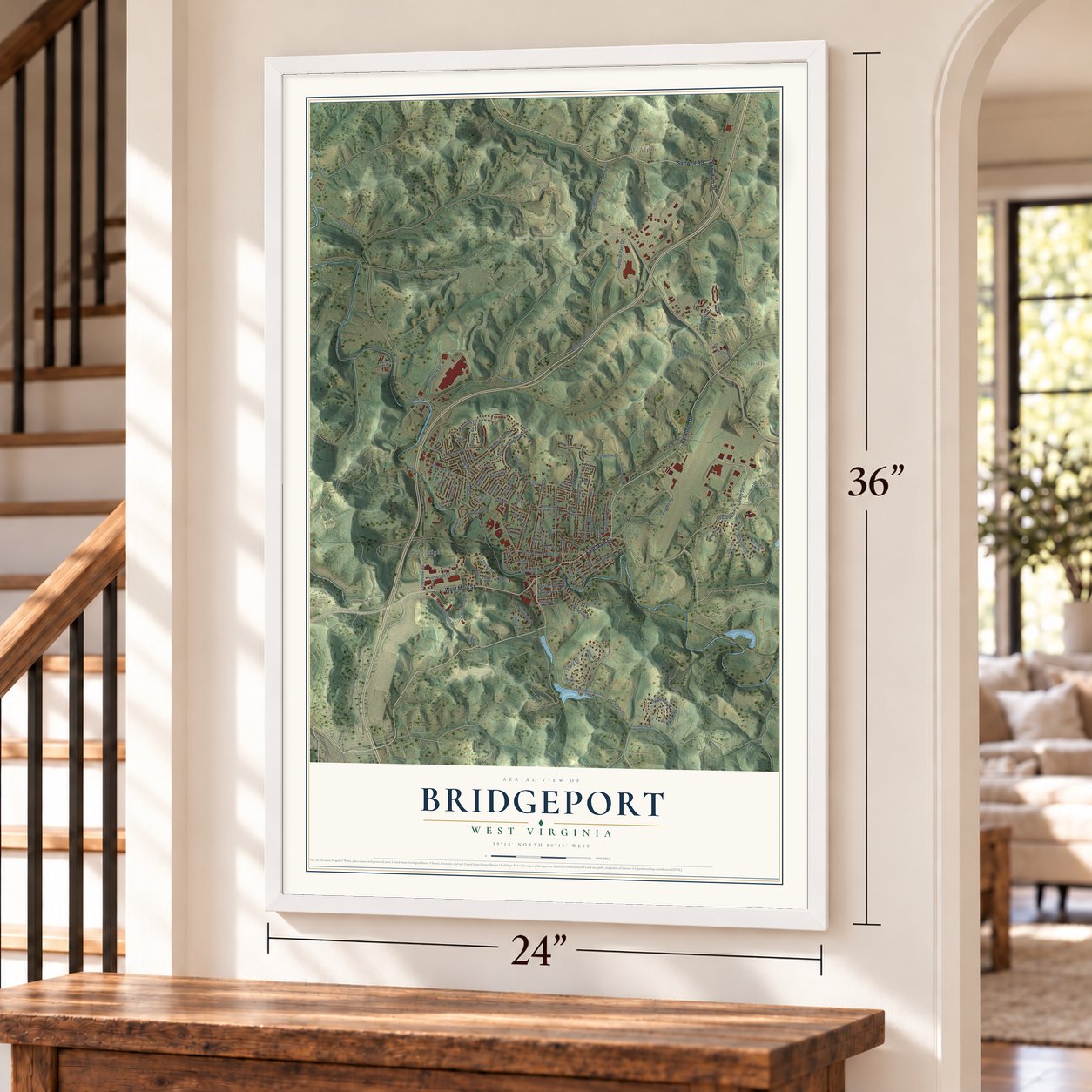 Bridgeport, West Virginia map, 24 x 36 inch print in a white frame by a staircase