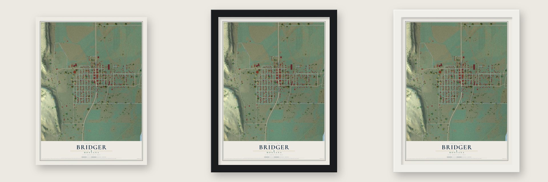 Bridger, Montana map unframed, in a black wood frame and in a white wood frame