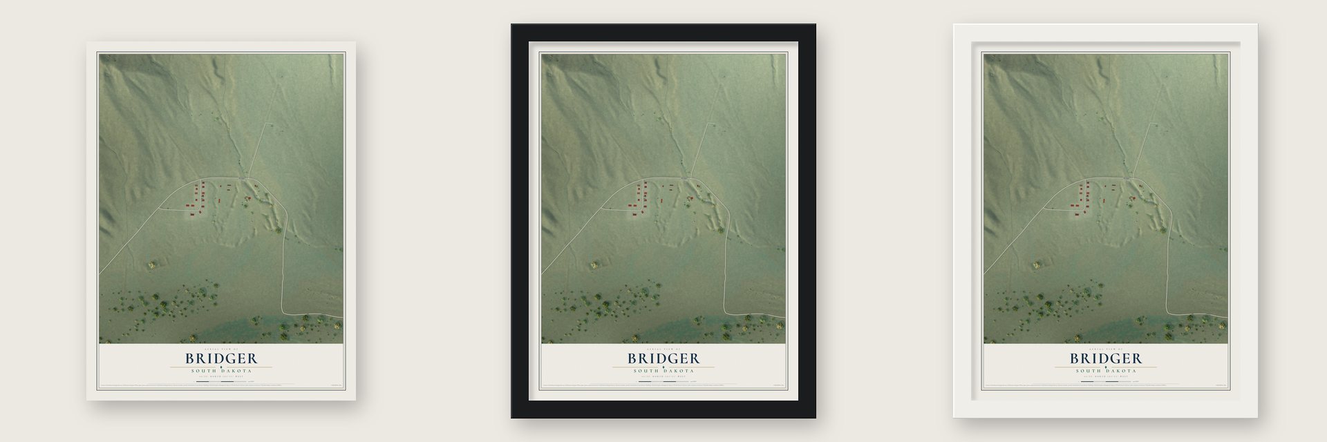 Bridger, South Dakota map unframed, in a black wood frame and in a white wood frame