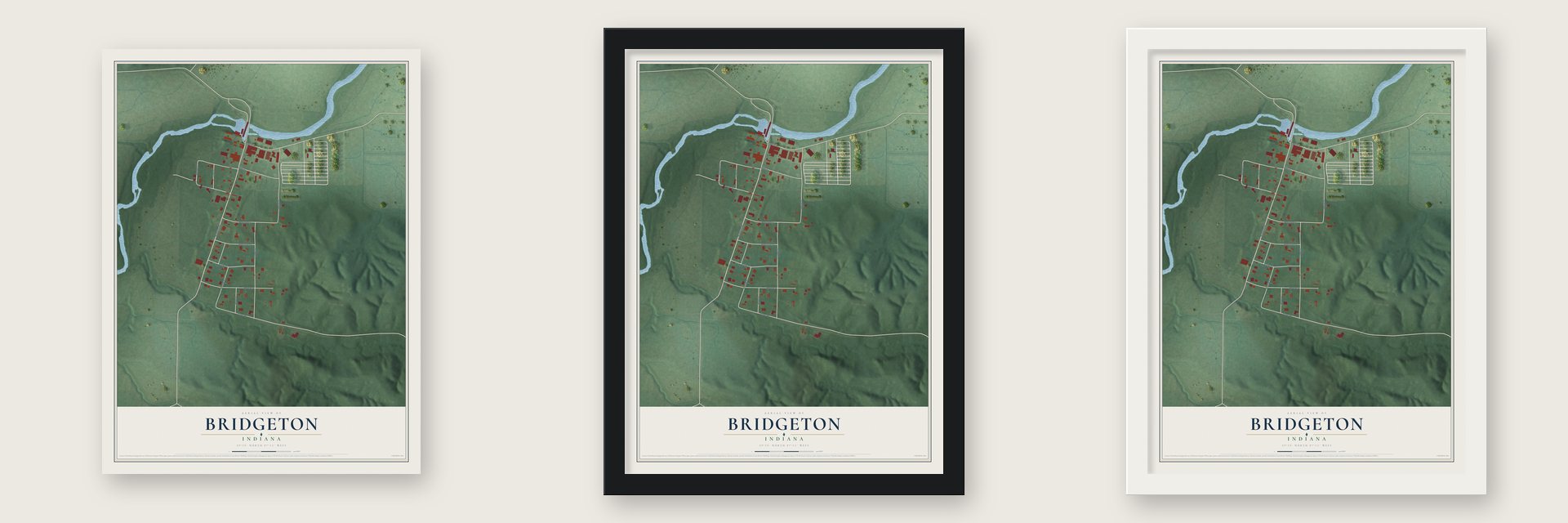 Bridgeton, Indiana map unframed, in a black wood frame and in a white wood frame