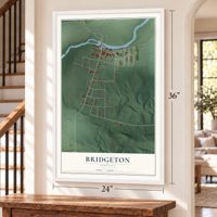 Bridgeton, Indiana map, 24 x 36 inch print in a white frame by a staircase