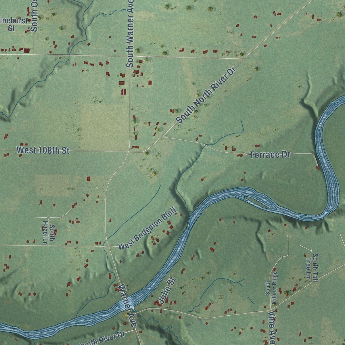Second close-up of the map of Bridgeton, Michigan print showing more streets and buildings