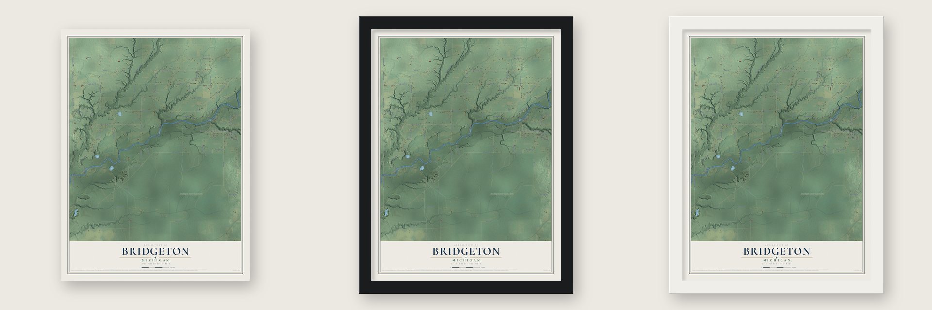 Bridgeton, Michigan map unframed, in a black wood frame and in a white wood frame