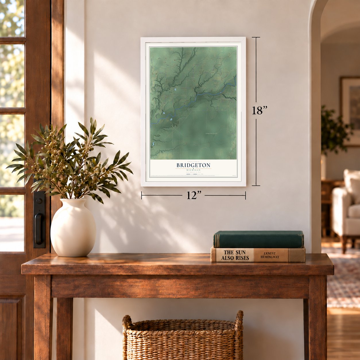 Bridgeton, Michigan map, 12 x 18 inch print in a white frame in an entryway