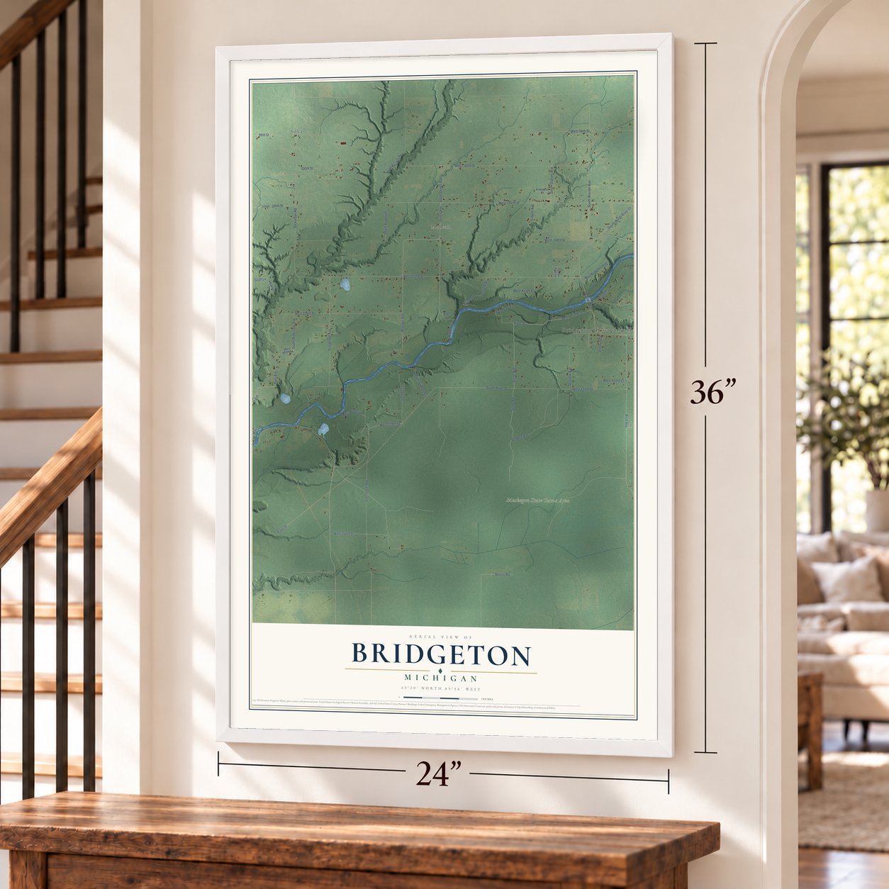 Bridgeton, Michigan map, 24 x 36 inch print in a white frame by a staircase