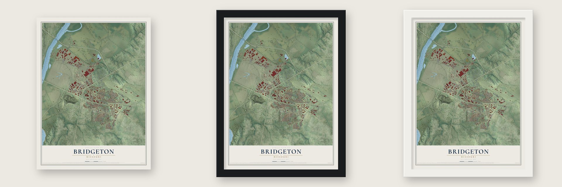 Bridgeton, Missouri map unframed, in a black wood frame and in a white wood frame