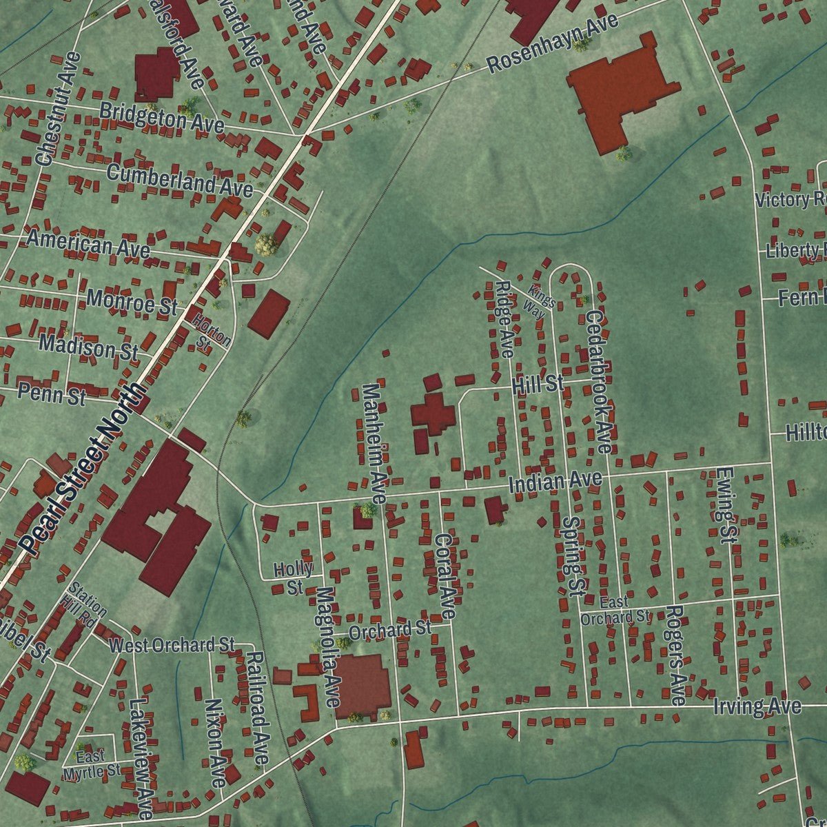 Second close-up of the map of Bridgeton, New Jersey print showing more streets and buildings