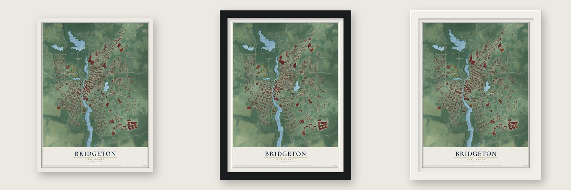 Bridgeton, New Jersey map unframed, in a black wood frame and in a white wood frame