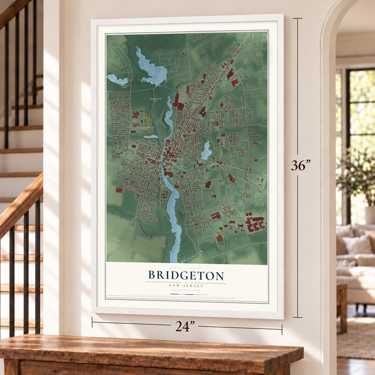 Bridgeton, New Jersey map, 24 x 36 inch print in a white frame by a staircase