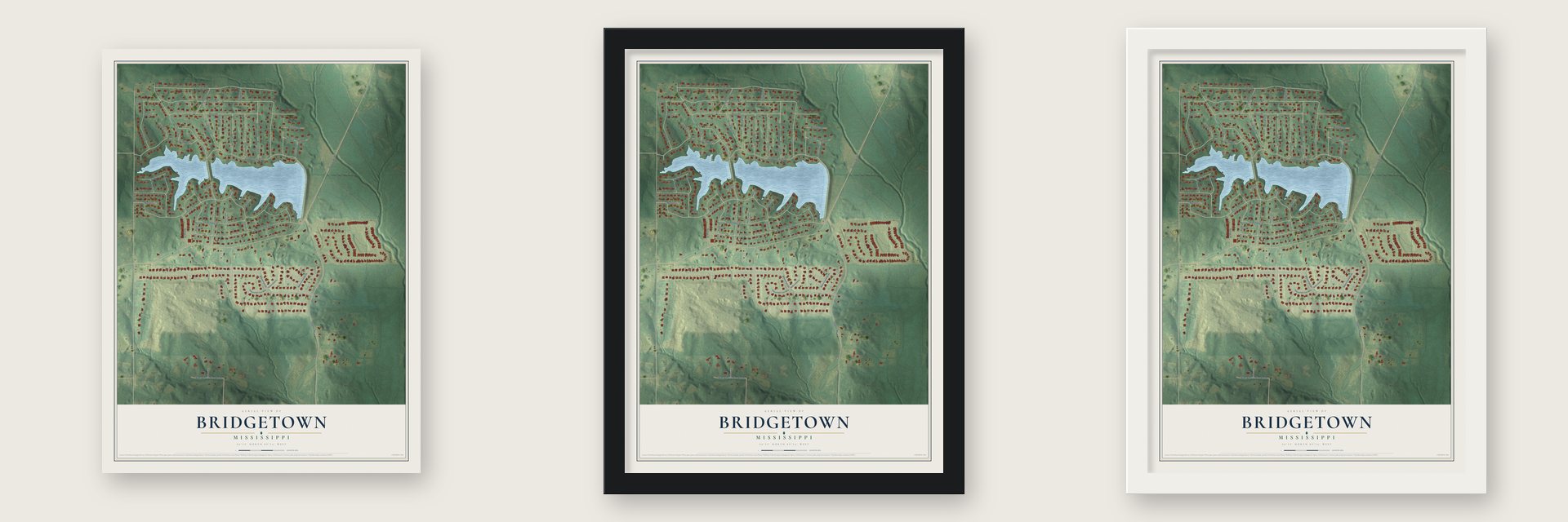 Bridgetown, Mississippi map unframed, in a black wood frame and in a white wood frame