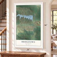 Bridgetown, Mississippi map, 24 x 36 inch print in a white frame by a staircase