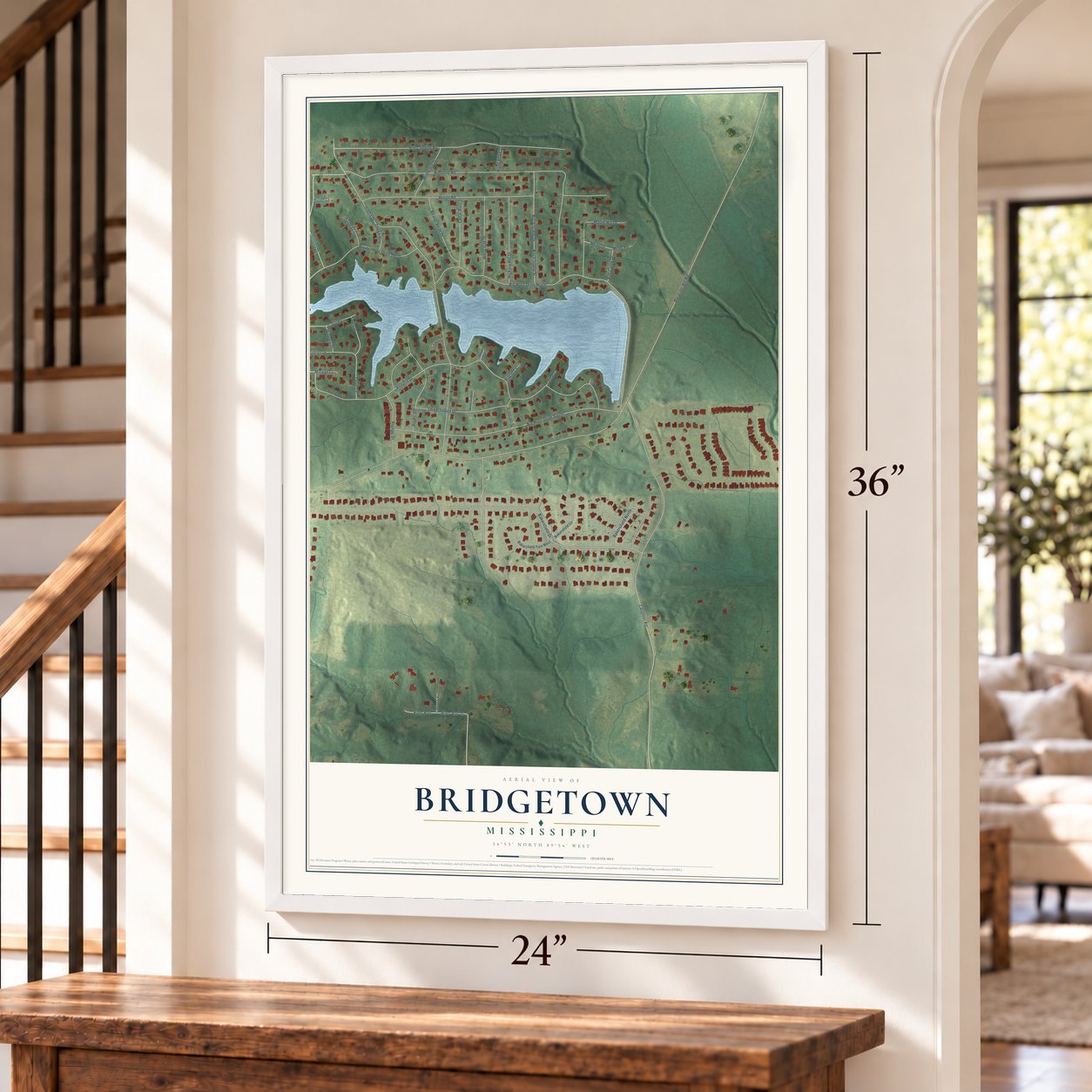 Bridgetown, Mississippi map, 24 x 36 inch print in a white frame by a staircase