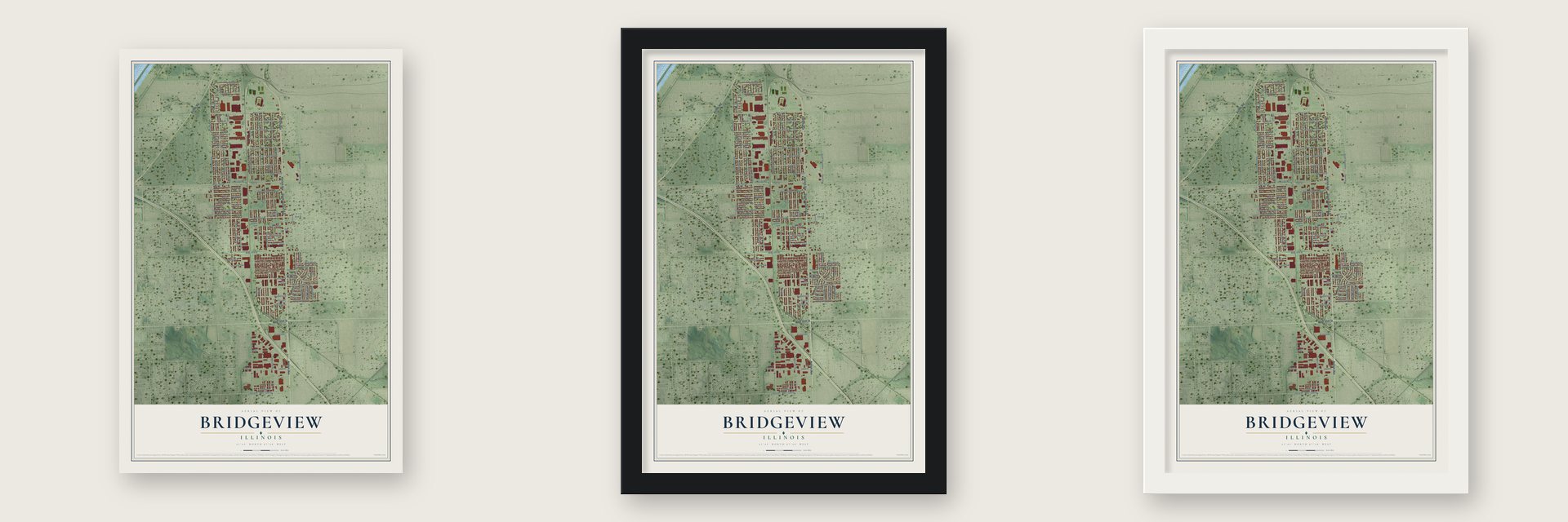 Bridgeview, Illinois map unframed, in a black wood frame and in a white wood frame