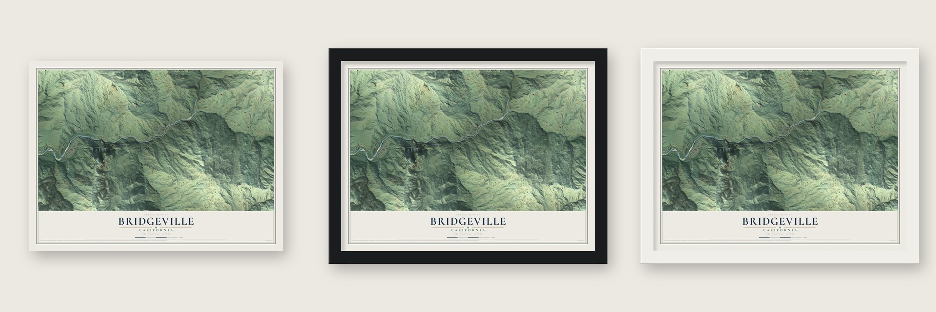 Bridgeville, California map unframed, in a black wood frame and in a white wood frame