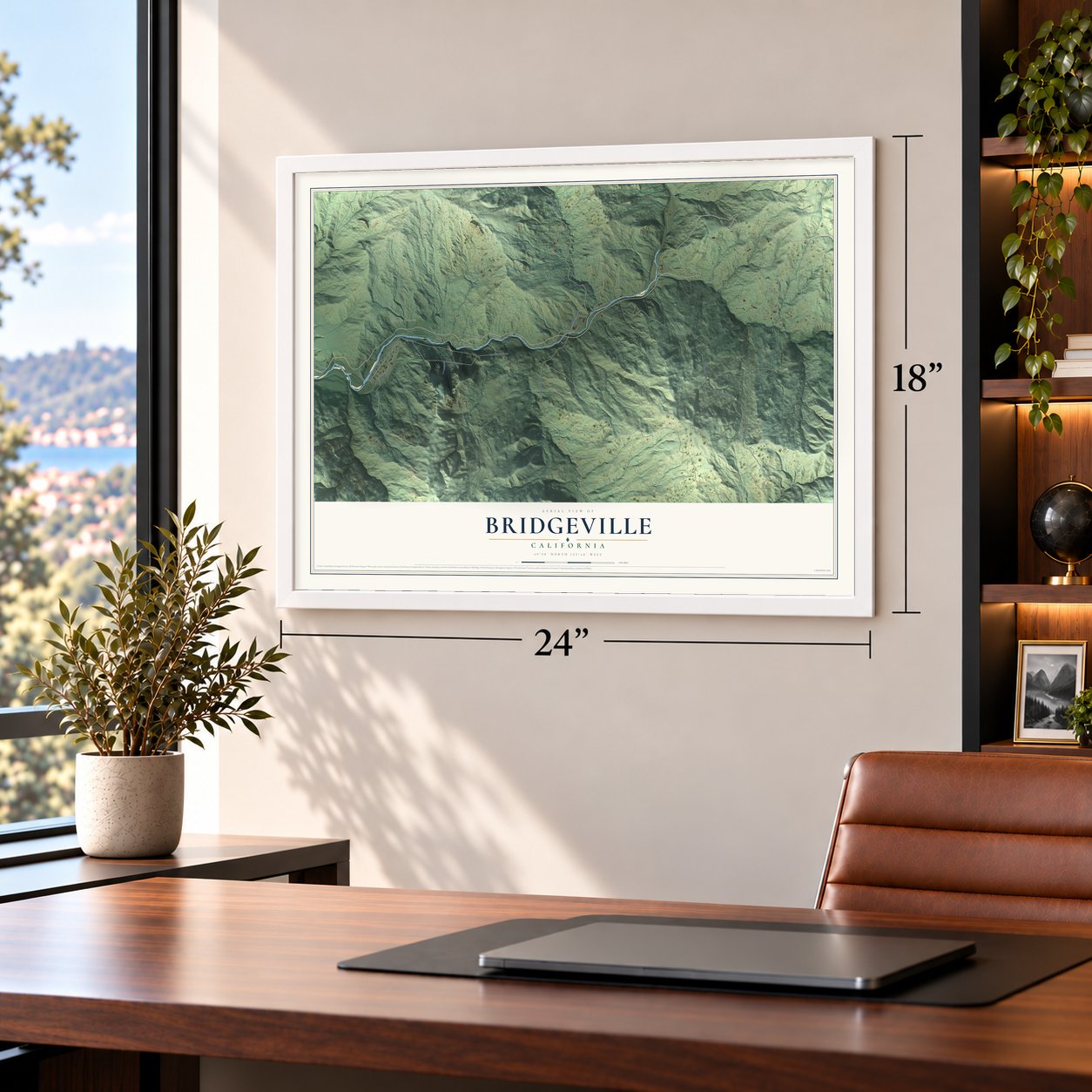 Bridgeville, California map, 18 x 24 inch print in a white frame in a home office