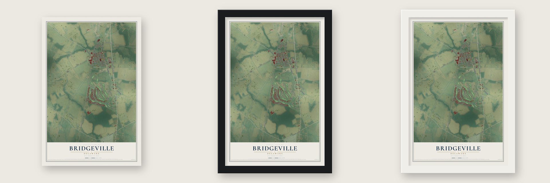Bridgeville, Delaware map unframed, in a black wood frame and in a white wood frame