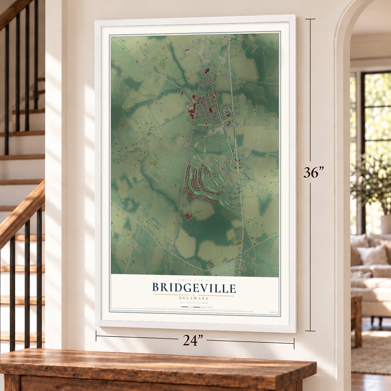 Bridgeville, Delaware map, 24 x 36 inch print in a white frame by a staircase