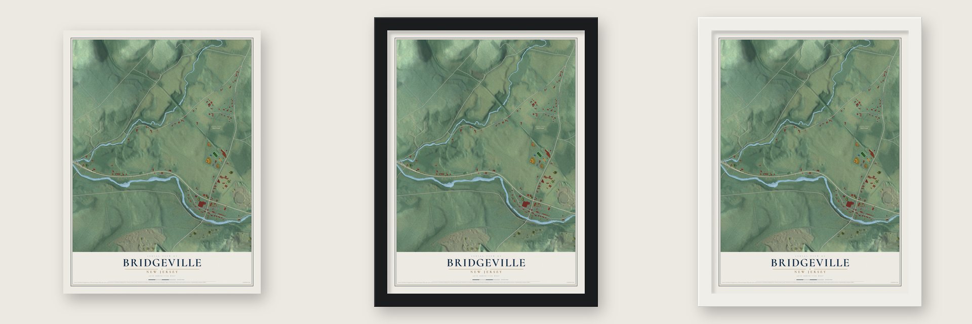 Bridgeville, New Jersey map unframed, in a black wood frame and in a white wood frame