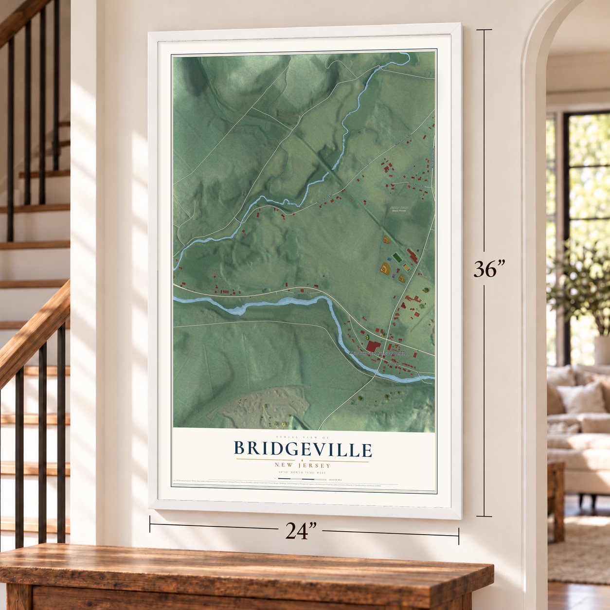 Bridgeville, New Jersey map, 24 x 36 inch print in a white frame by a staircase