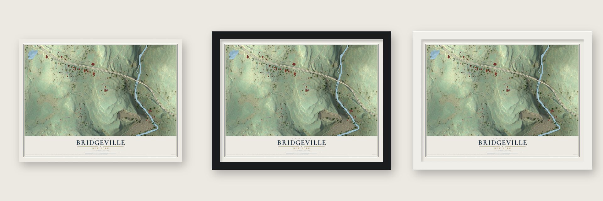 Bridgeville, New York map unframed, in a black wood frame and in a white wood frame