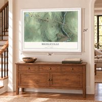 Bridgeville, New York map, 24 x 36 inch print in a white frame above a dresser by a staircase