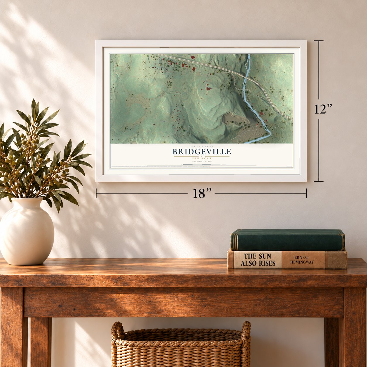 Bridgeville, New York map, 12 x 18 inch print in a white frame in an entryway