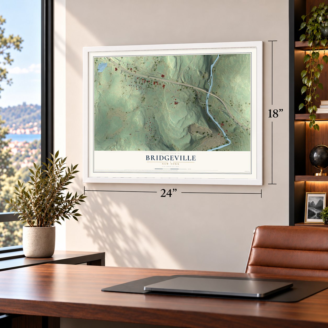 Bridgeville, New York map, 18 x 24 inch print in a white frame in a home office