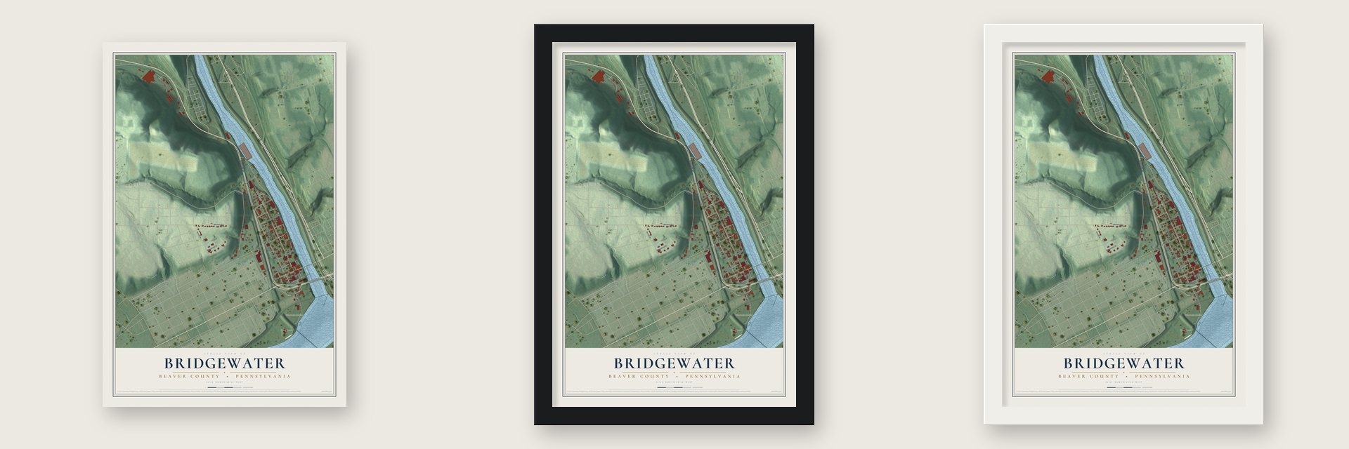 Bridgewater, Beaver County, Pennsylvania map unframed, in a black wood frame and in a white wood frame