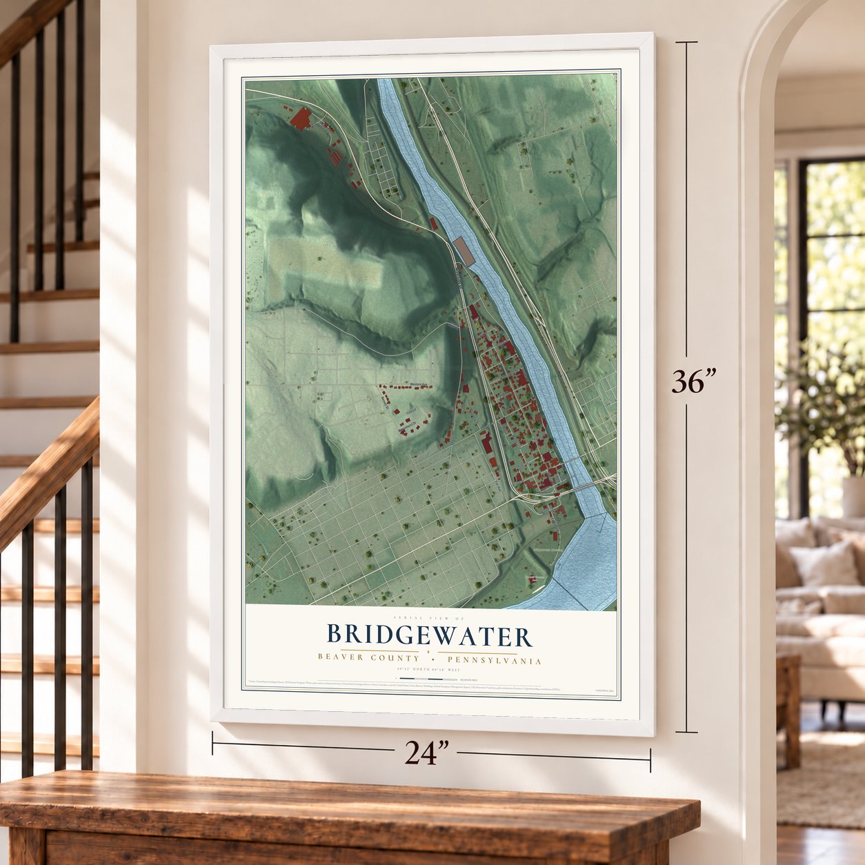 Bridgewater, Beaver County, Pennsylvania map, 24 x 36 inch print in a white frame by a staircase
