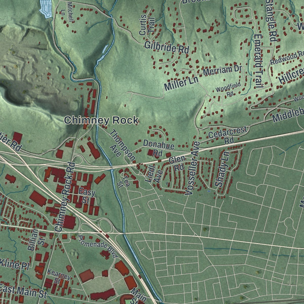 Second close-up of the map of Bridgewater, New Jersey print showing more streets and buildings