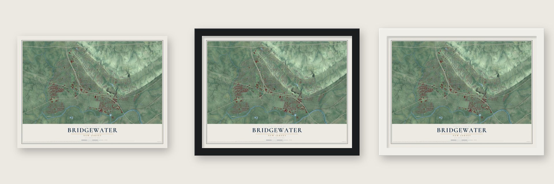 Bridgewater, New Jersey map unframed, in a black wood frame and in a white wood frame