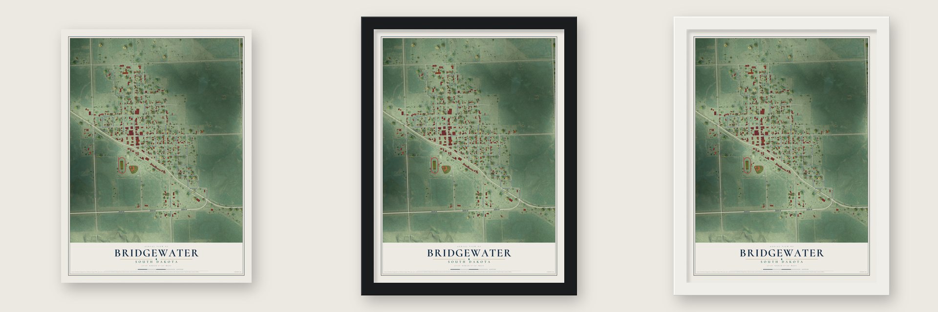 Bridgewater, South Dakota map unframed, in a black wood frame and in a white wood frame