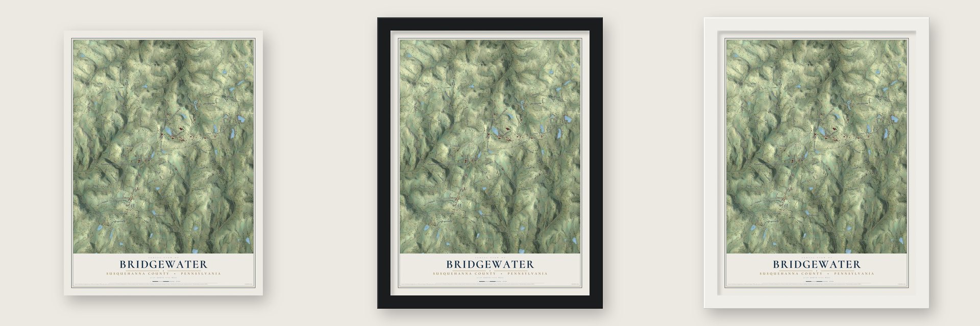 Bridgewater, Susquehanna County, Pennsylvania map unframed, in a black wood frame and in a white wood frame