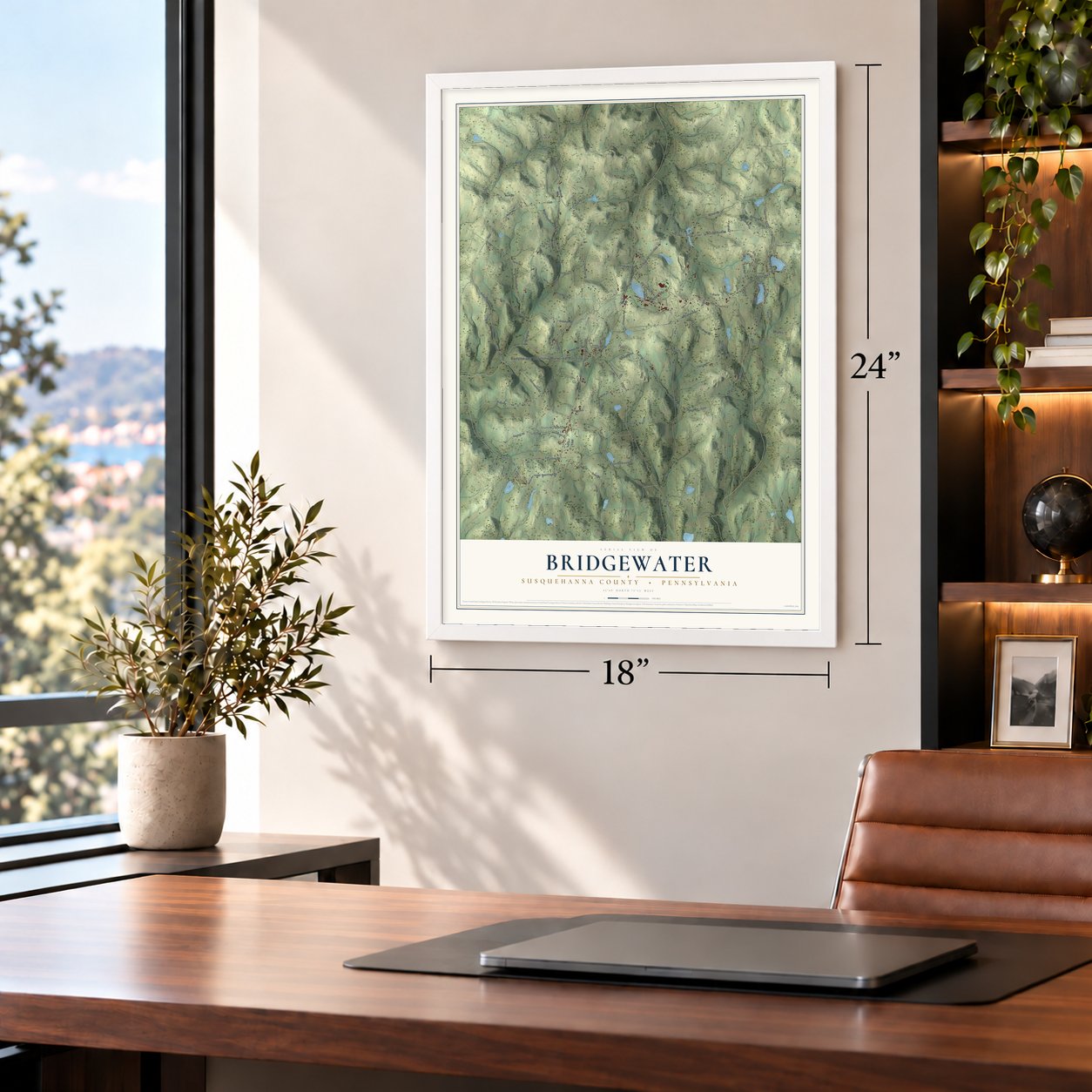 Bridgewater, Susquehanna County, Pennsylvania map, 18 x 24 inch print in a white frame in a home office