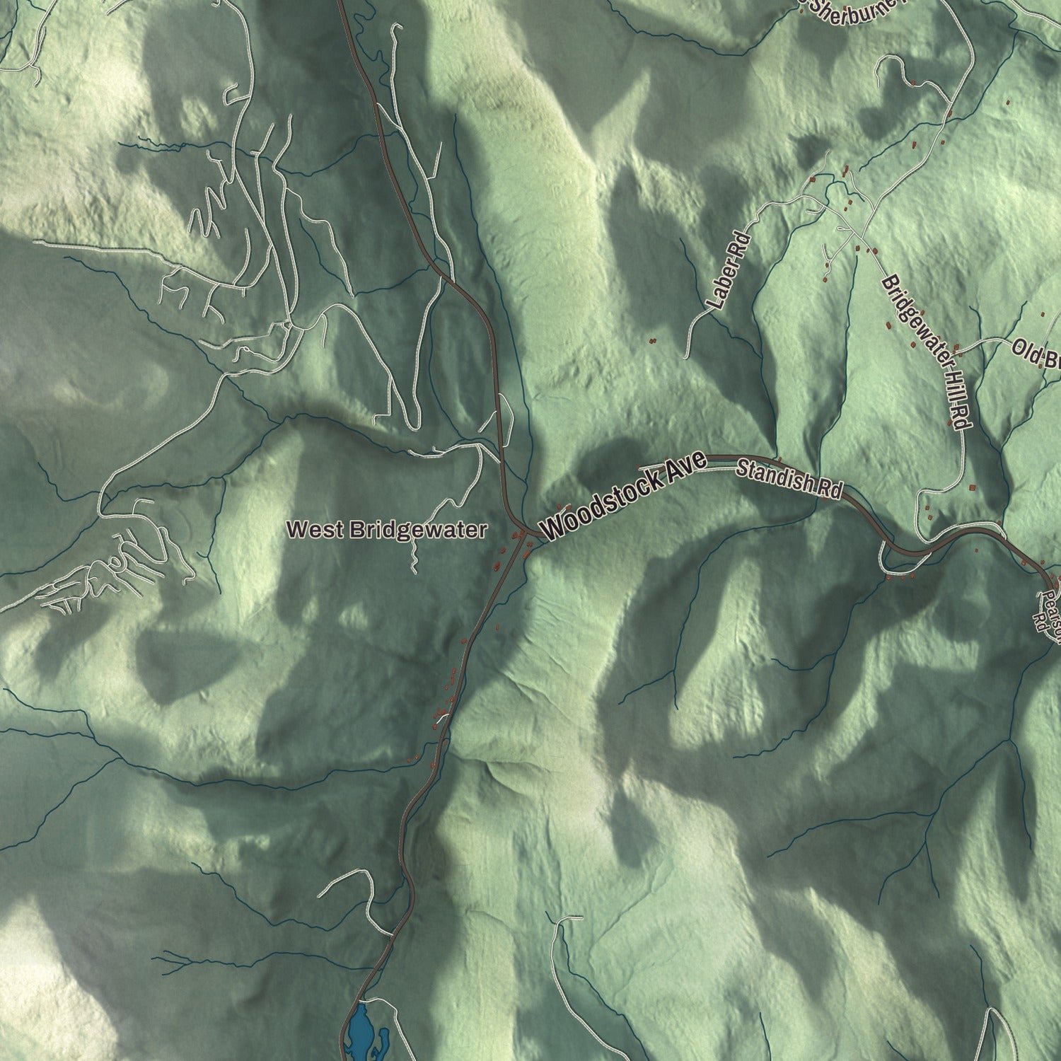 Close-up of the map of Bridgewater, Vermont print showing terrain and local geography