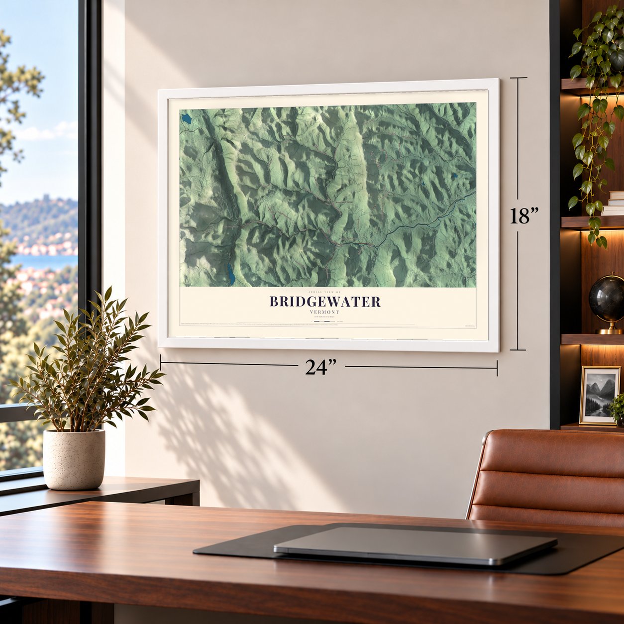 Bridgewater, Vermont map, 18 x 24 inch print in a white frame in a home office