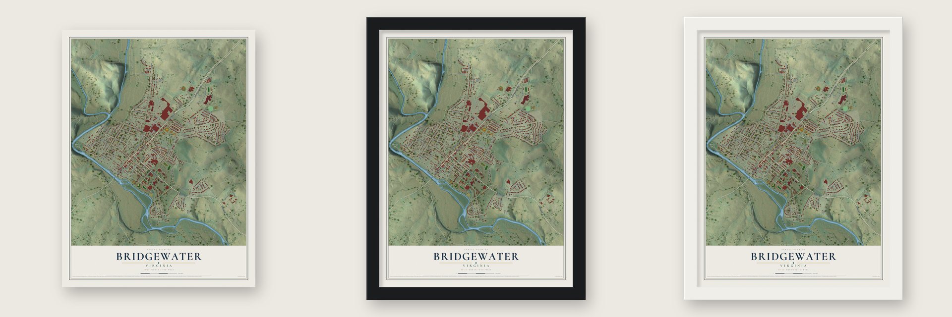 Bridgewater, Virginia map unframed, in a black wood frame and in a white wood frame