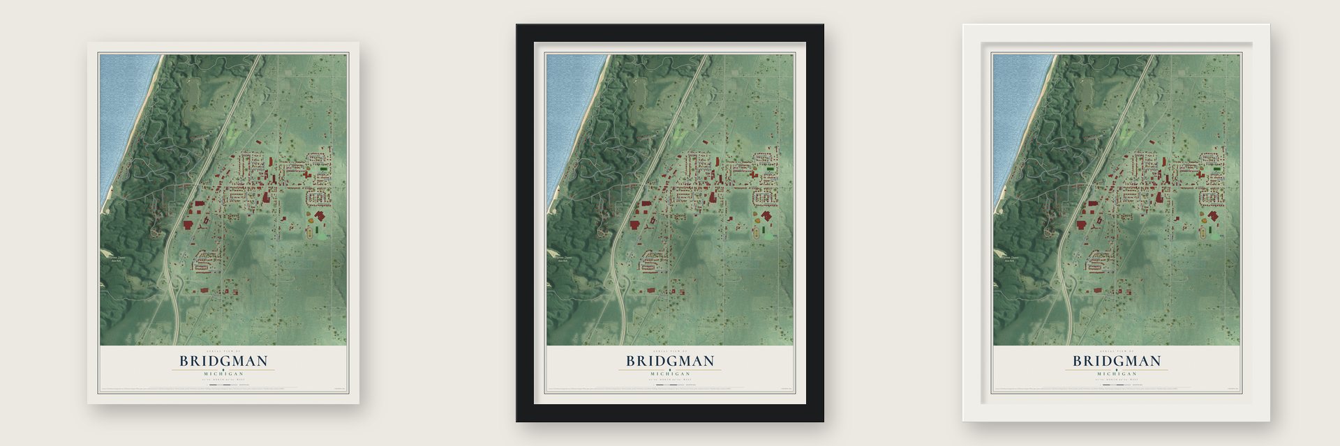 Bridgman, Michigan map unframed, in a black wood frame and in a white wood frame