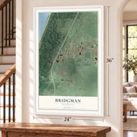 Bridgman, Michigan map, 24 x 36 inch print in a white frame by a staircase