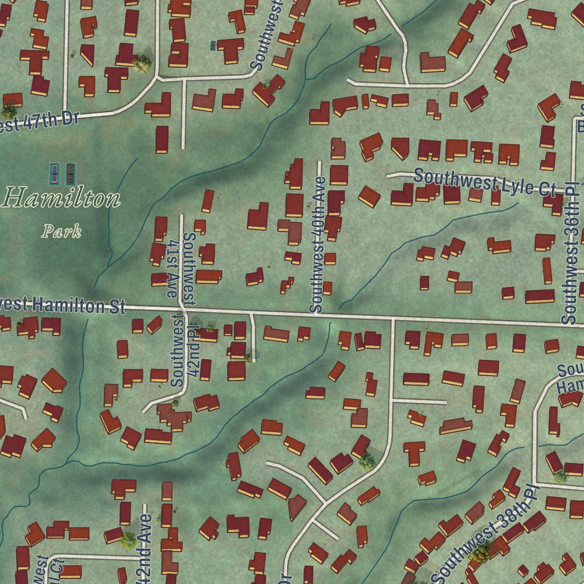 Second close-up of the map of Bridlemile, Oregon print showing more streets and buildings