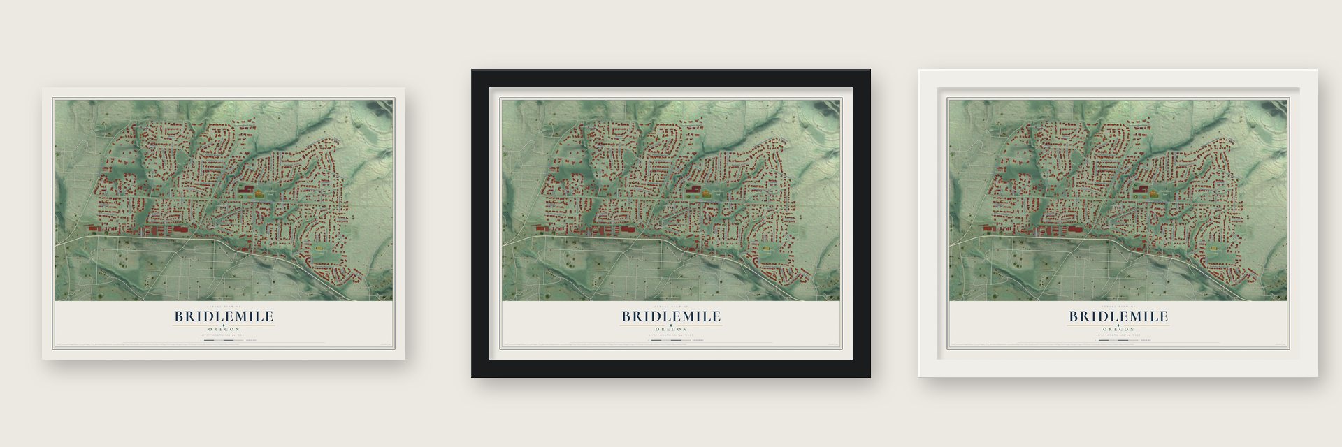 Bridlemile, Oregon map unframed, in a black wood frame and in a white wood frame