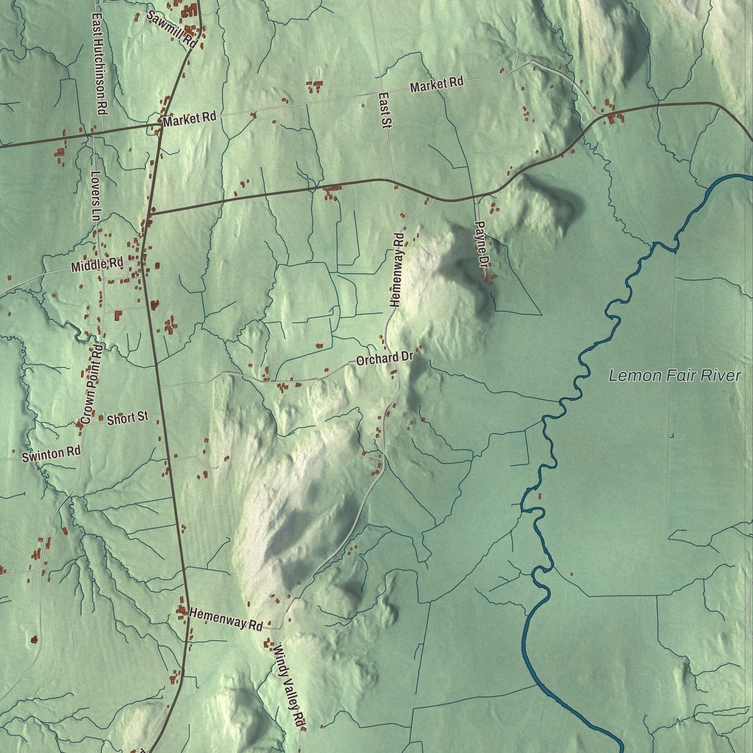 Close-up of the map of Bridport, Vermont print showing terrain and local geography