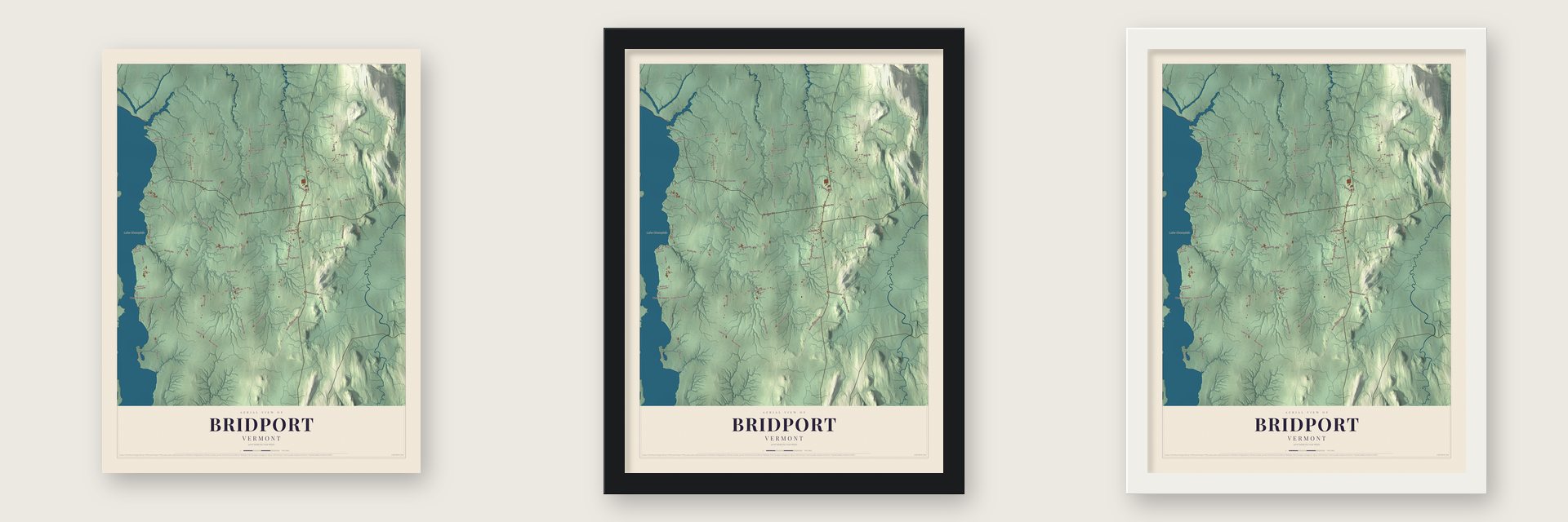 Bridport, Vermont map unframed, in a black wood frame and in a white wood frame