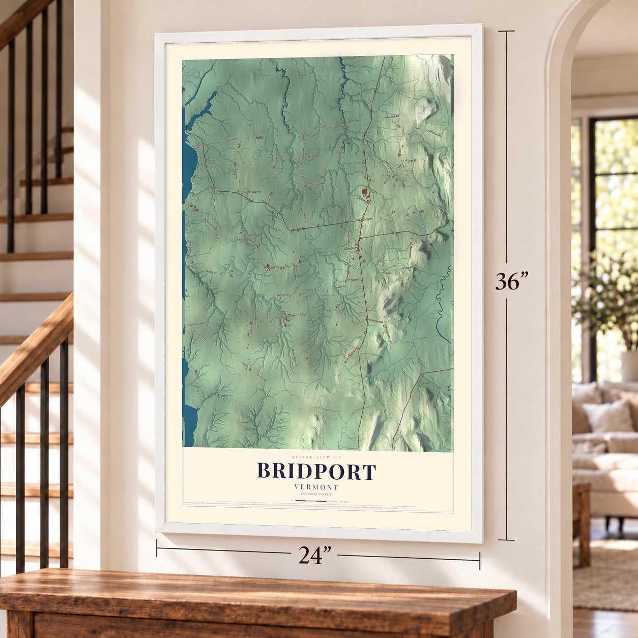 Bridport, Vermont map, 24 x 36 inch print in a white frame by a staircase