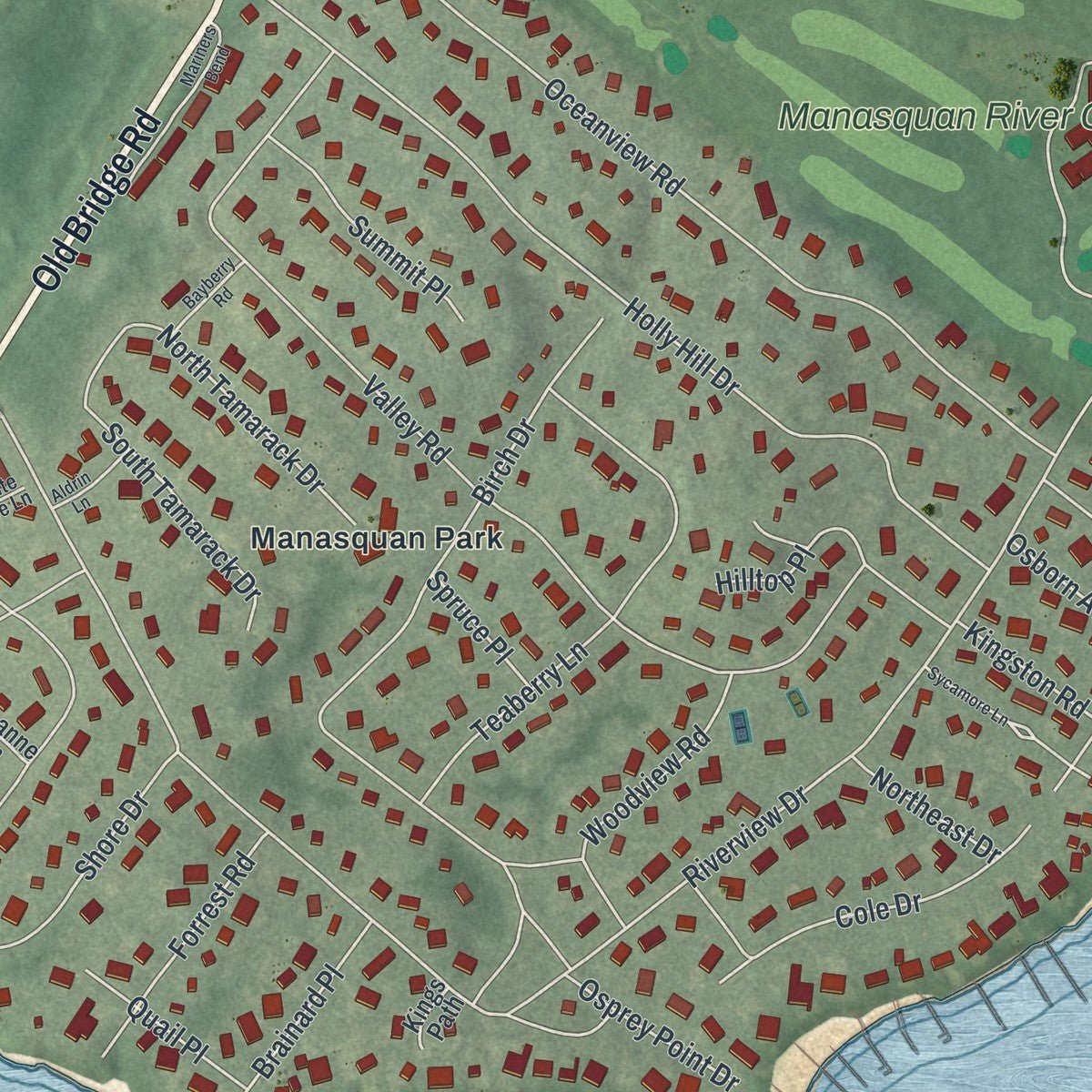 Second close-up of the map of Brielle, New Jersey print showing more streets and buildings