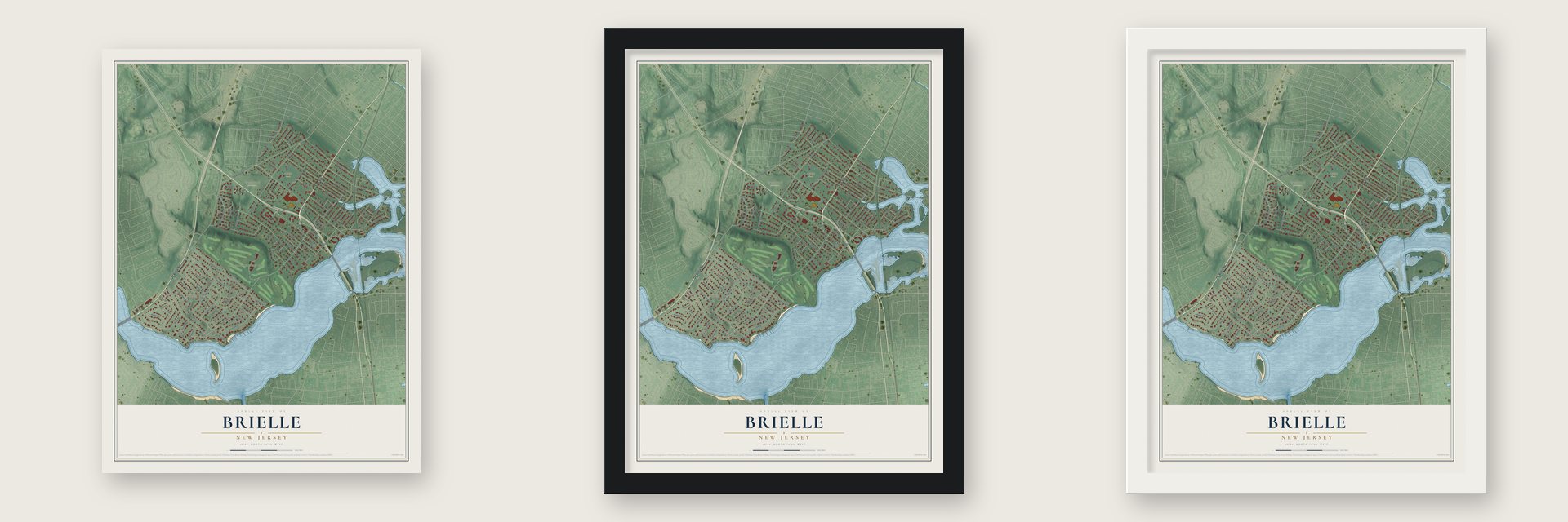 Brielle, New Jersey map unframed, in a black wood frame and in a white wood frame