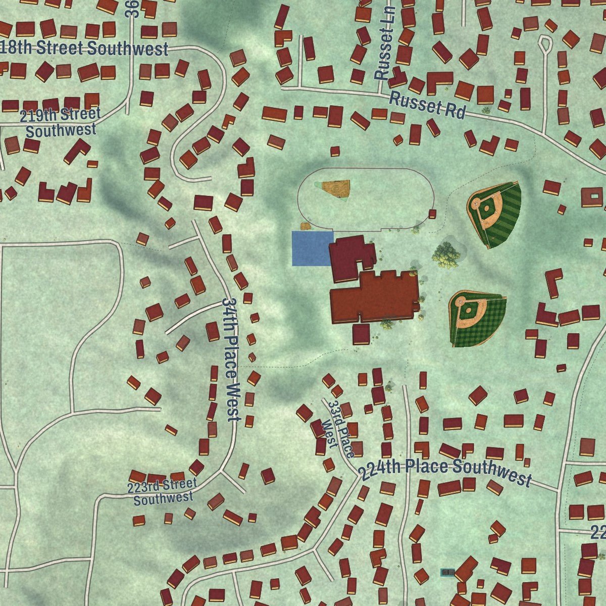 Second close-up of the map of Brier, Washington print showing more streets and buildings