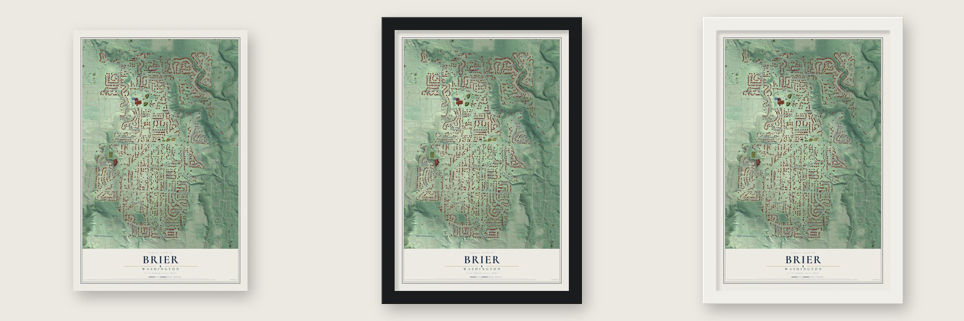 Brier, Washington map unframed, in a black wood frame and in a white wood frame