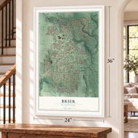 Brier, Washington map, 24 x 36 inch print in a white frame by a staircase