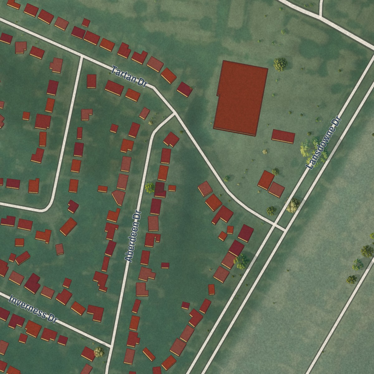 Second close-up of the map of Brigadoon, Kentucky print showing more streets and buildings